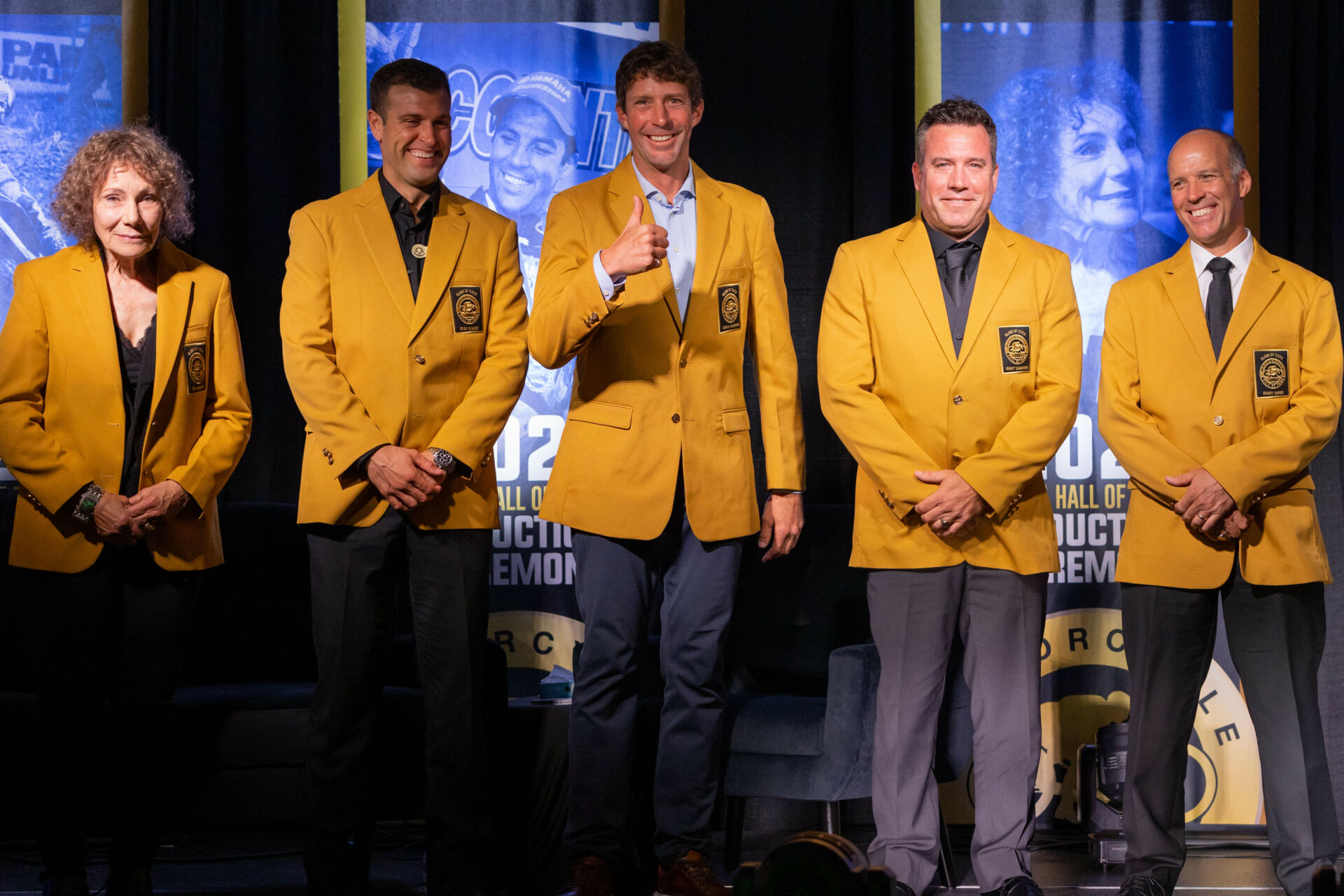 The AMA Motorcycle Hall of Fame Class of 2023 (from left): Rita Coombs, Ryan Dungey, Travis Pastrana, Grant Langston, and Barry Hawk. Photo by Willie Brown, courtesy AMA.