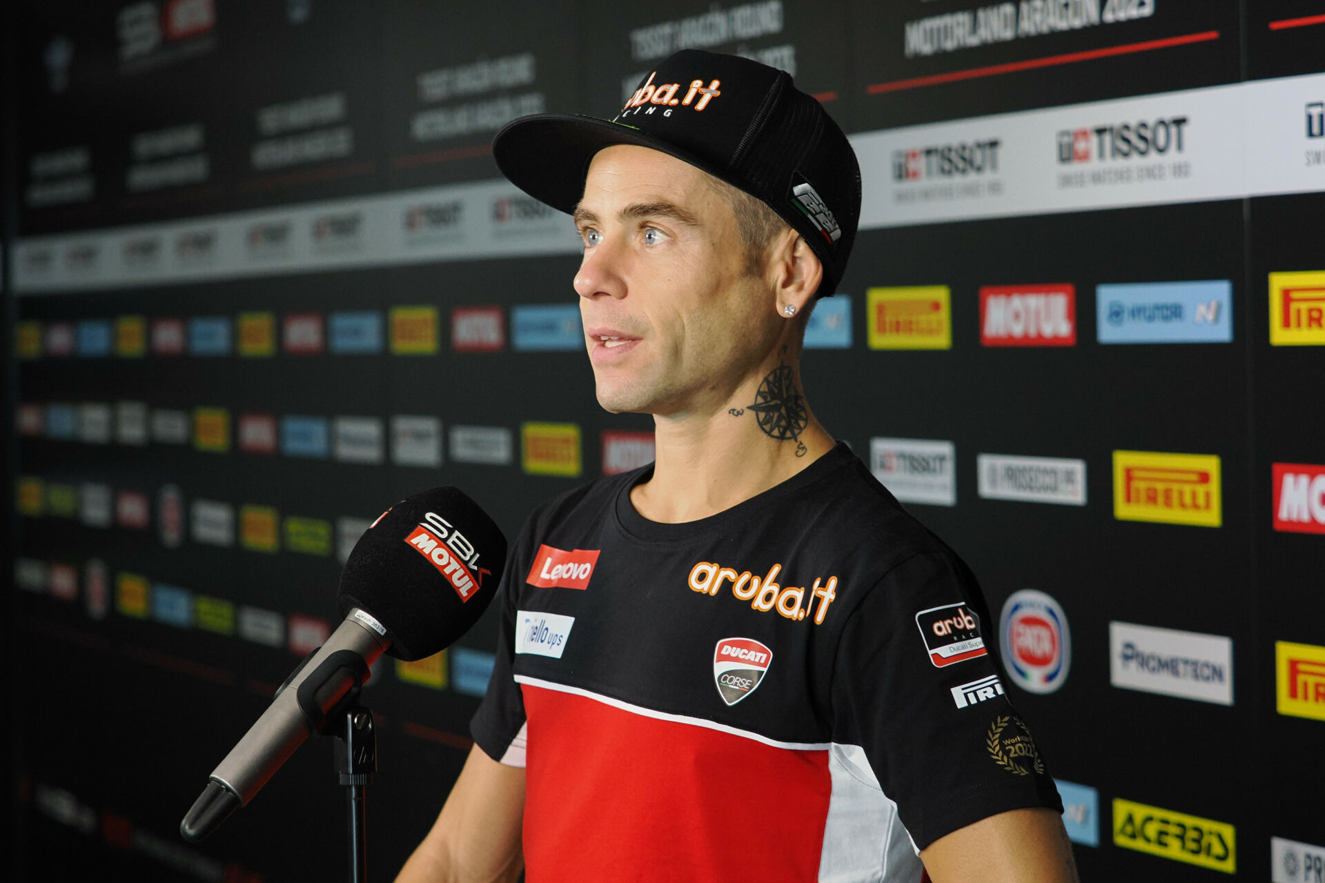 Defending Superbike World Champion Alvaro Bautista speaking to the media ahead of his home race at MotorLand Aragon. Photo courtesy Dorna.