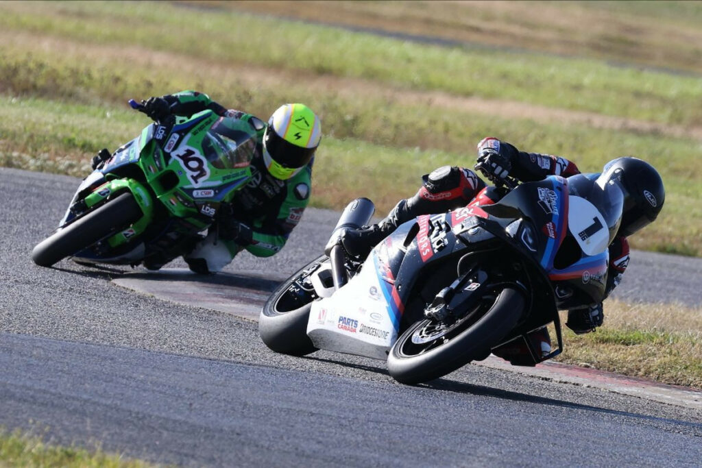 Ben Young (1) took another leap in the Bridgestone CSBK championship on Friday at Shannonville Motorsport Park, winning the first of three Superbike races on the weekend after his main title contender Alex Dumas crashed on the opening lap. Jordan Szoke (101) finished second. [Photo: Rob O'Brien / CSBK] 