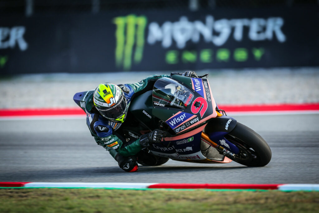 Andrea Mantovani (9) won MotoE Race One. Photo courtesy Dorna.