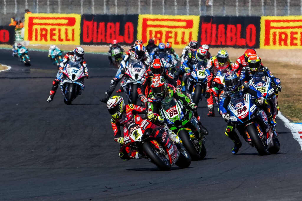 Alvaro Bautista (1) leads Jonathan Rea (65), Toprak Razgatlioglu (54), and the rest of the field early in Race Two at Magny-Cours. Photo courtesy Dorna.