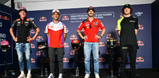 (From left) Aleix Espargaro, Jorge Martin, Francesco Bagnaia, and Marco Bezzecchi at the pre-event press conference at Misano. Photo courtesy Dorna.