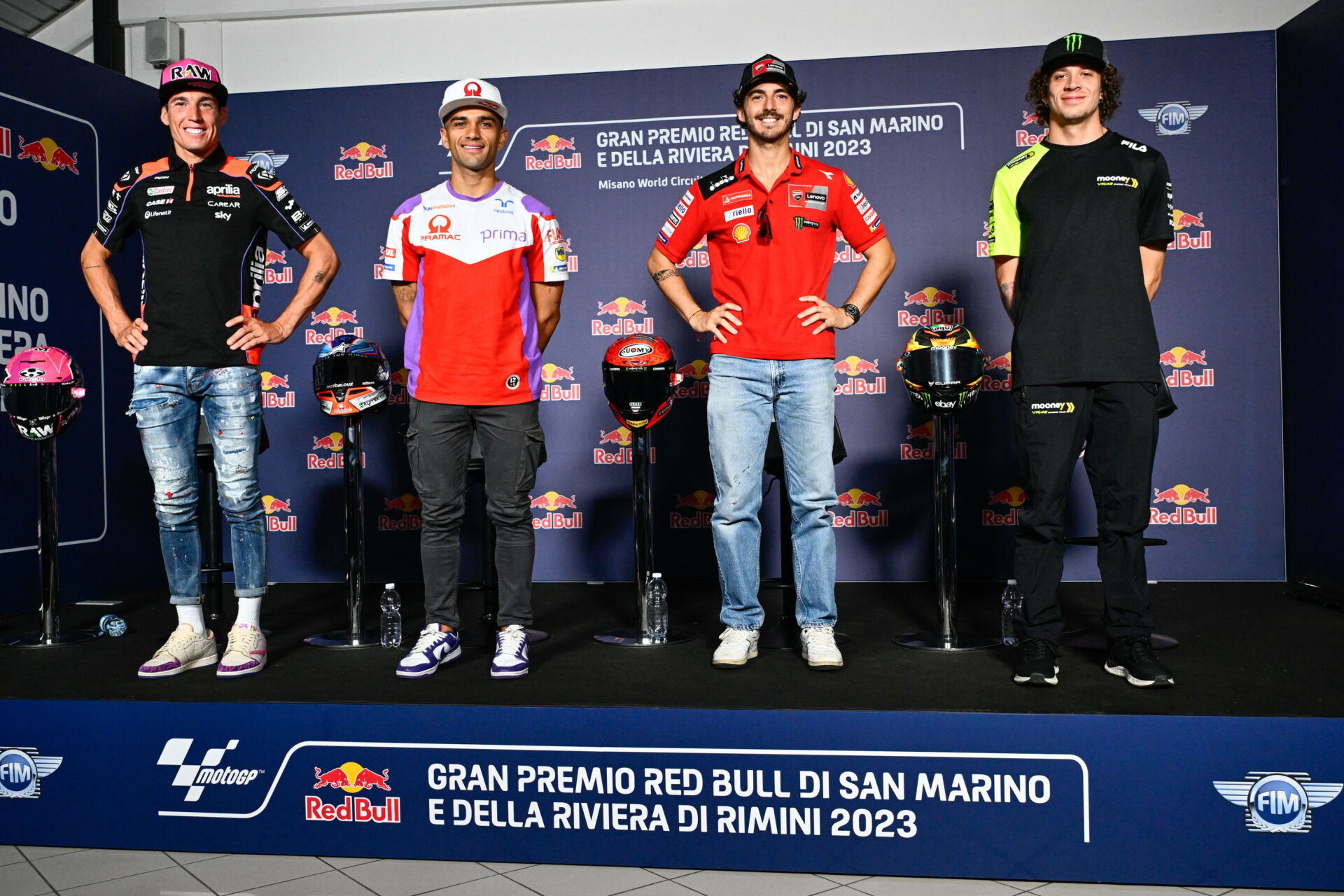 (From left) Aleix Espargaro, Jorge Martin, Francesco Bagnaia, and Marco Bezzecchi at the pre-event press conference at Misano. Photo courtesy Dorna.