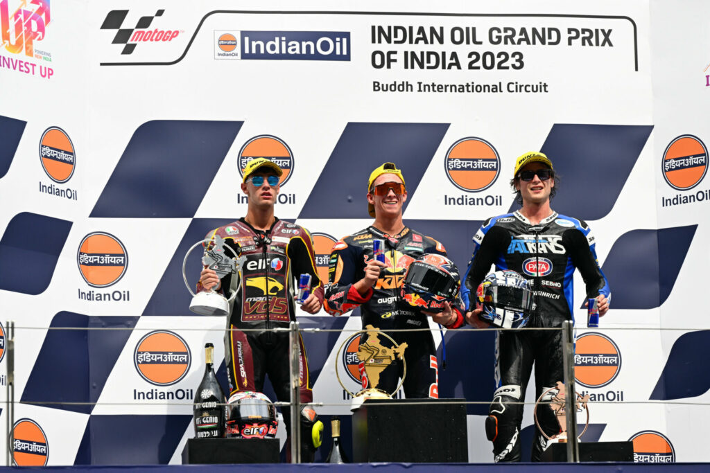 The Moto2 podium with race winner Pedro Acosta (center), runner-up Tony Arbolino (left), and third-place finisher Joe Roberts (right). Photo courtesy Dorna.