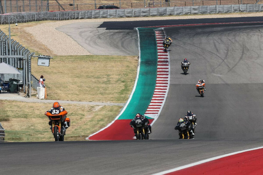 Kyle Wyman (33) pulls away from the chasing pack in the Mission King Of The Baggers race on Saturday at COTA. With his win, Wyman took over as the championship points leader. Photo by Brian J. Nelson.