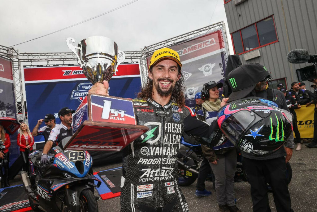 Beach celebrates his second-career MotoAmerica Superbike win and his first since 2019. Photo by Brian J. Nelson.