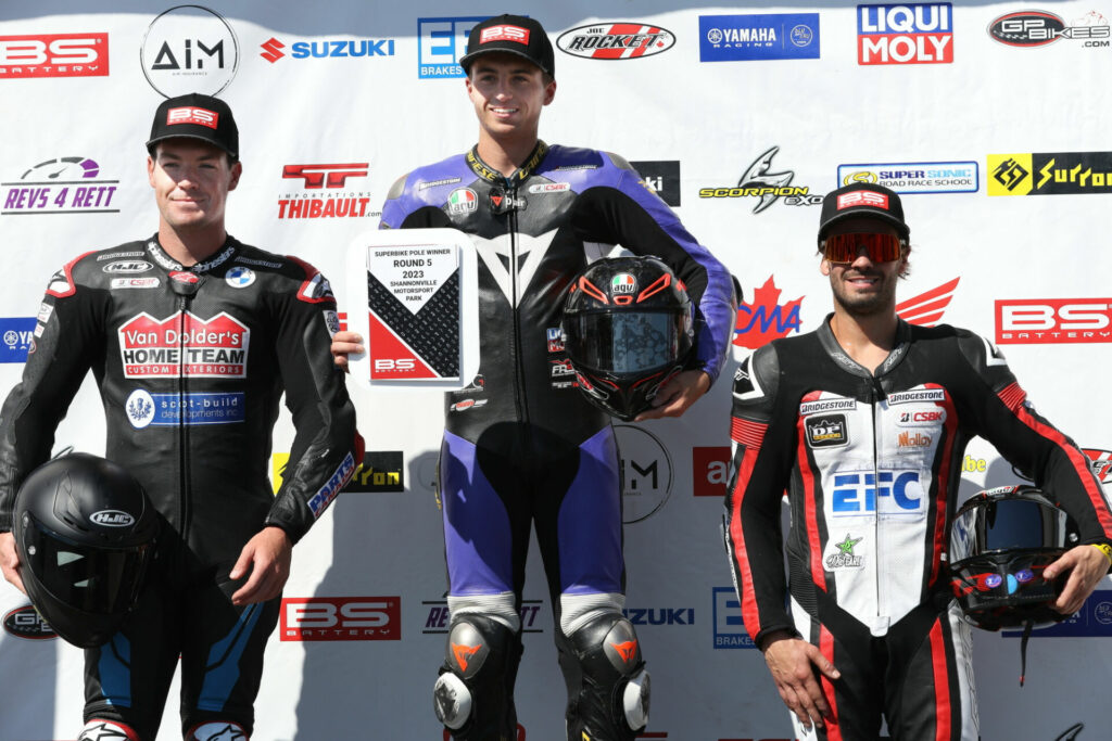 The final BS Battery Pole Position Award podium of the 2023 CSBK season with Alex Dumas (center) on the top step. Ben Young (left) was second-fastest ahead of Sam Guerin (right) in third. Photo by Rob O'Brien, courtesy CSBK.