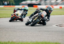 MotoAmerica Mission Mini Cup by Motul racers Michael Galvis (38) and Brayden Fager (73) in action Friday on the Liberator kart track at New Jersey Motorsports Park. Photo courtesy MotoAmerica.