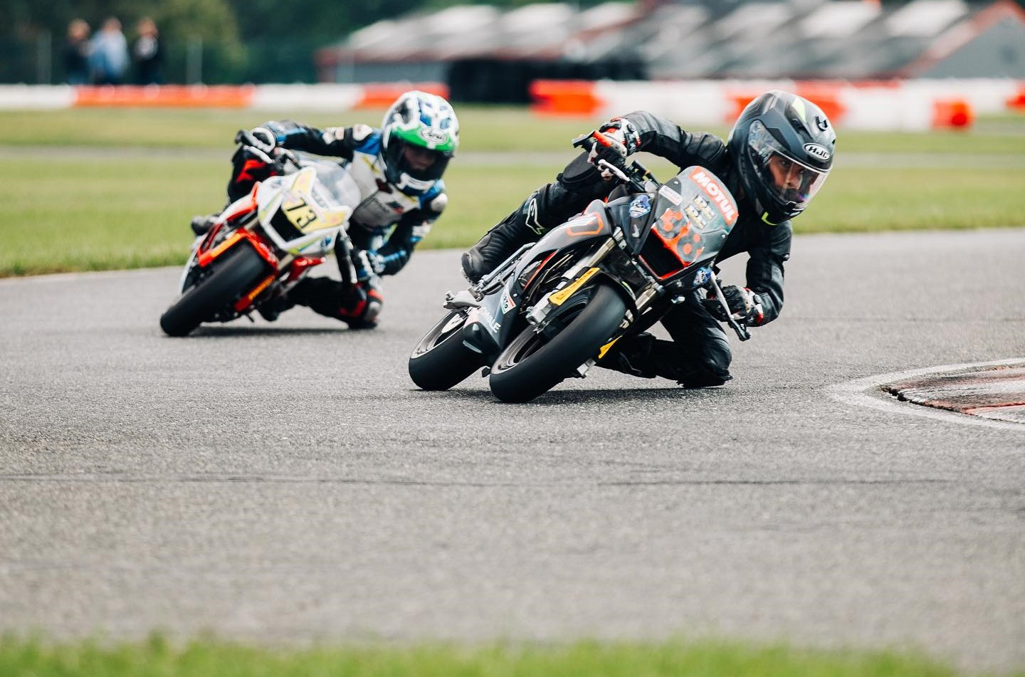 MotoAmerica Mission Mini Cup by Motul racers Michael Galvis (38) and Brayden Fager (73) in action Friday on the Liberator kart track at New Jersey Motorsports Park. Photo courtesy MotoAmerica.