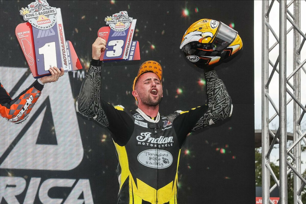 Max Flinders was a popular third in the Mission King Of The Baggers race with the Brit earning the first podium of his MotoAmerica career. Photo by Brian J. Nelson.