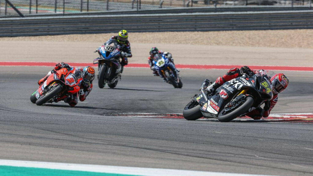 Richie Escalante (54) finished second for his first career Superbike podium. Josh Herrin (2) suffered a mechanical problem and PJ Jacobsen (99) and JD Beach (95) finished fourth and third, respectively. Photo by Brian J. Nelson.