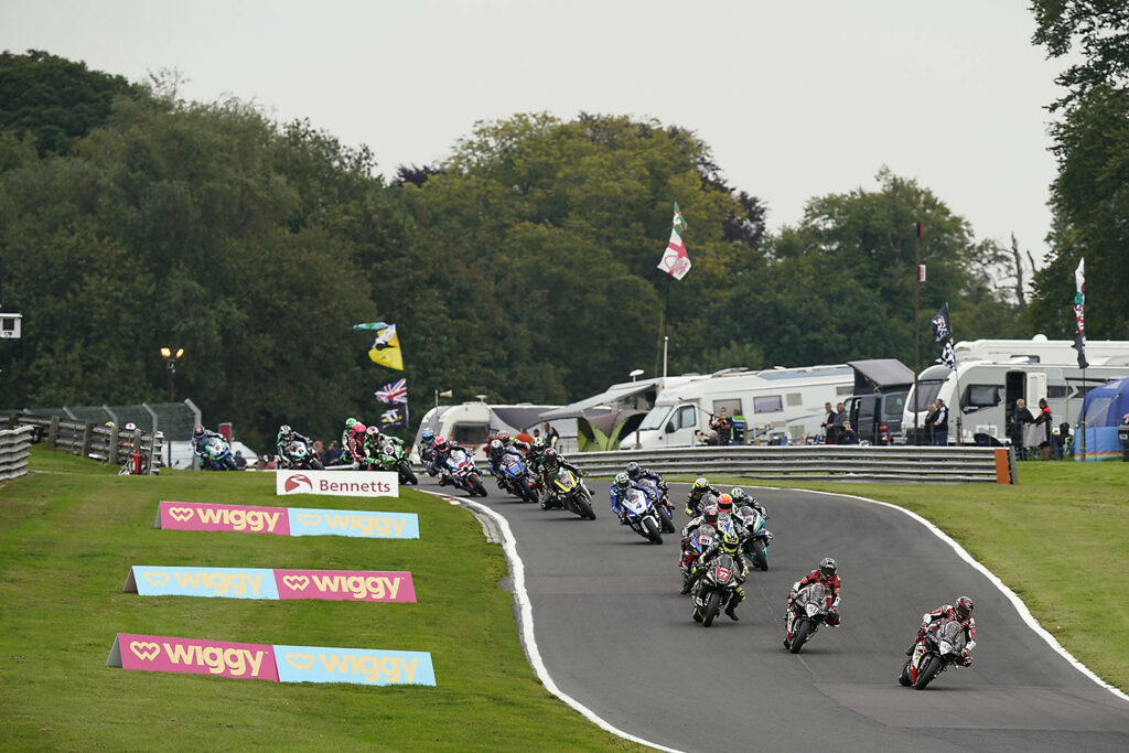 Tommy Bridewell (46) leads Glenn Irwin (2) and the rest of the British Superbike field at Oulton Park. Photo courtesy MSVR.