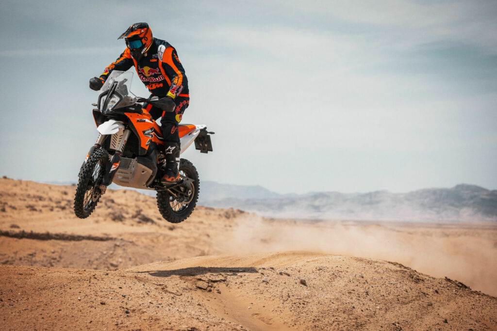 A 2024-model KTM 890 Adventure R Rally airborne. Photo by Markus Berger, courtesy KTM.