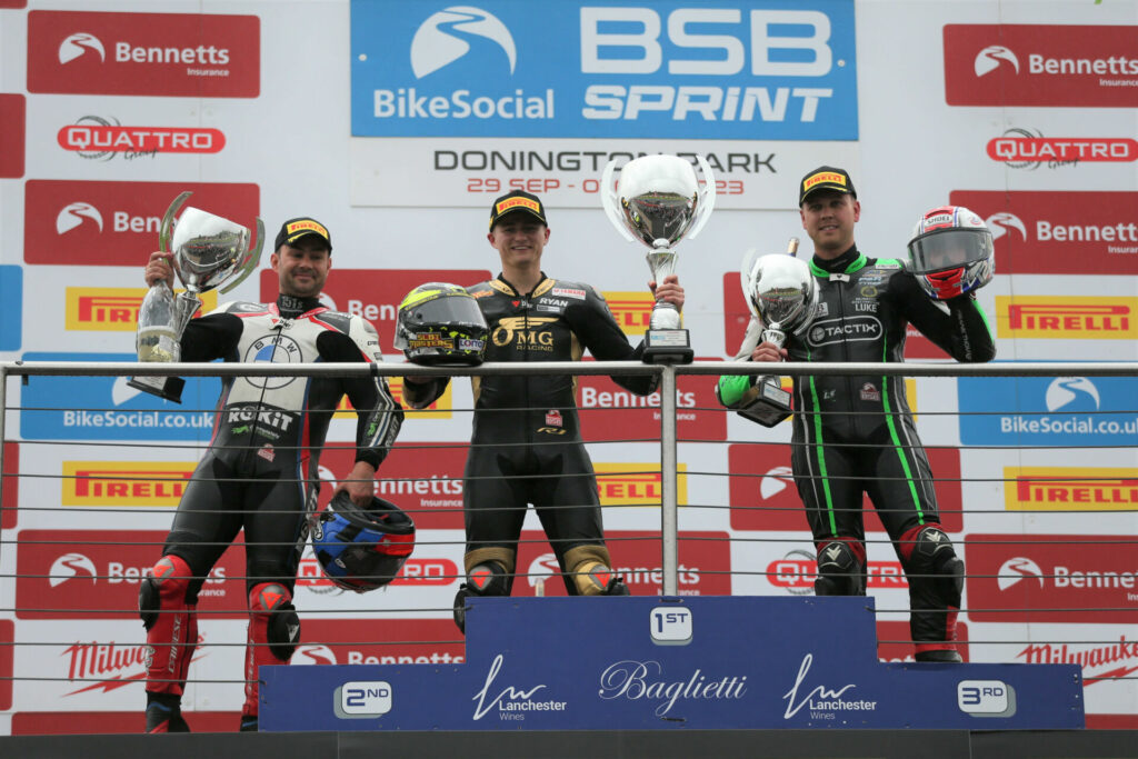 Race One winner Ryan Vickers (center), runner-up Leon Haslam (left), and third-place finisherLuke Mossey (right) on the podium at Donington Park. Photo courtesy MSVR.