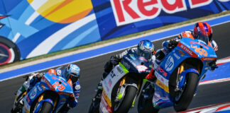 Mattia Casadei (40) leads Hector Garzo (4) and Nicolas Spinelli (29) during MotoE Race One at Misano. Photo courtesy Dorna.