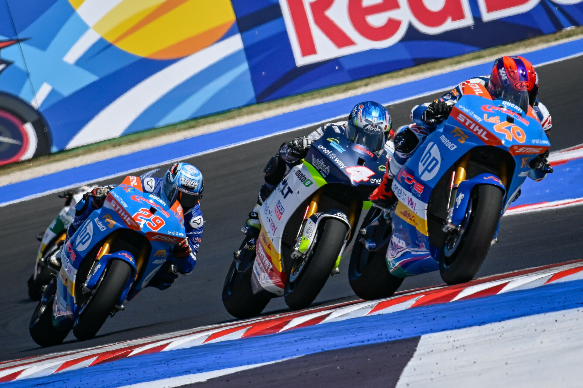 Mattia Casadei (40) leads Hector Garzo (4) and Nicolas Spinelli (29) during MotoE Race One at Misano. Photo courtesy Dorna.