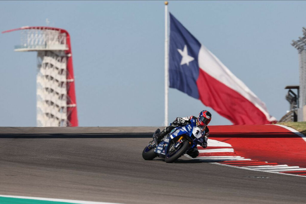 Jake Gagne (1) saved his best for last and earned provisional pole position for the two Medallia Superbike races on his final lap at Circuit of The Americas on Friday. Photo by Brian J. Nelson.