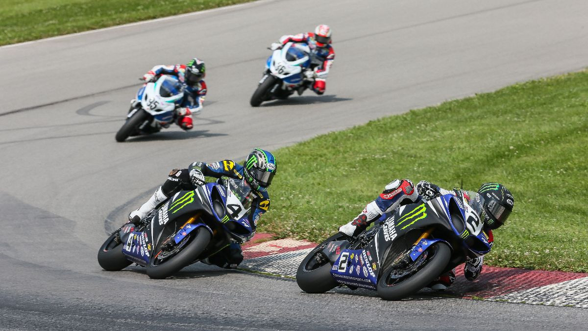 Cameron Beaubier (2) leads Josh Hayes (4), Roger Hayden (95) and Martin Cardenas (36) at Mid-Ohio Sports Car Course in 2014. The MotoAmerica Championship will return to Mid-Ohio for its eighth round in 2024, August 16-18. Photo by Brian J. Nelson.