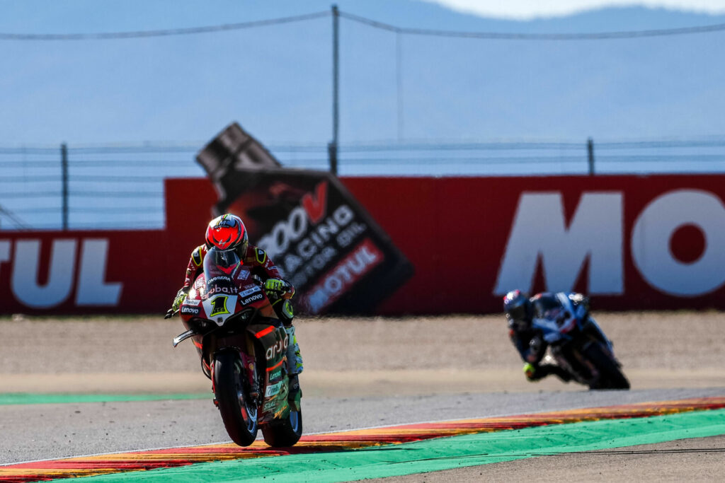 Alvaro Bautista (1) and Toprak Razgatlioglu (54) in action Friday at MotorLand Aragon. Photo courtesy Dorna.