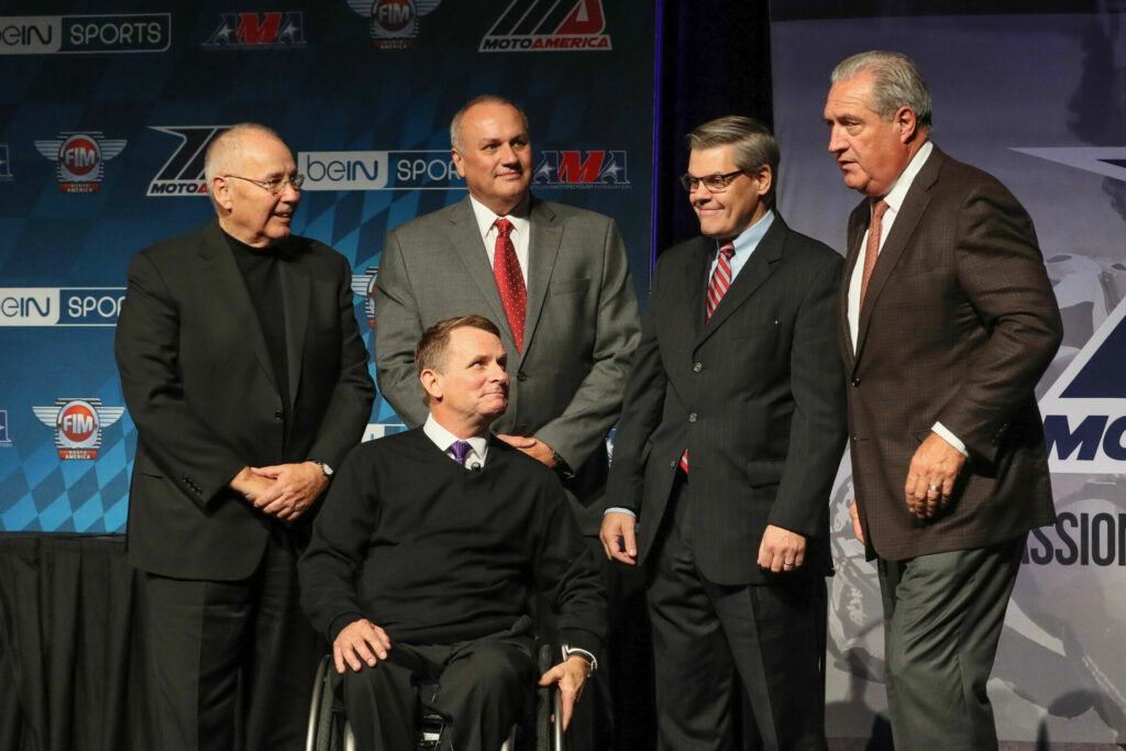 AMA President Rob Dingman (second from right) with KRAVE Group/MotoAmerica partners (from left) Terry Karges, Wayne Rainey, Chuck Aksland, and Richard Varner at the MotoAmerica awards banquet in 2018. Photo by Brian J. Nelson.