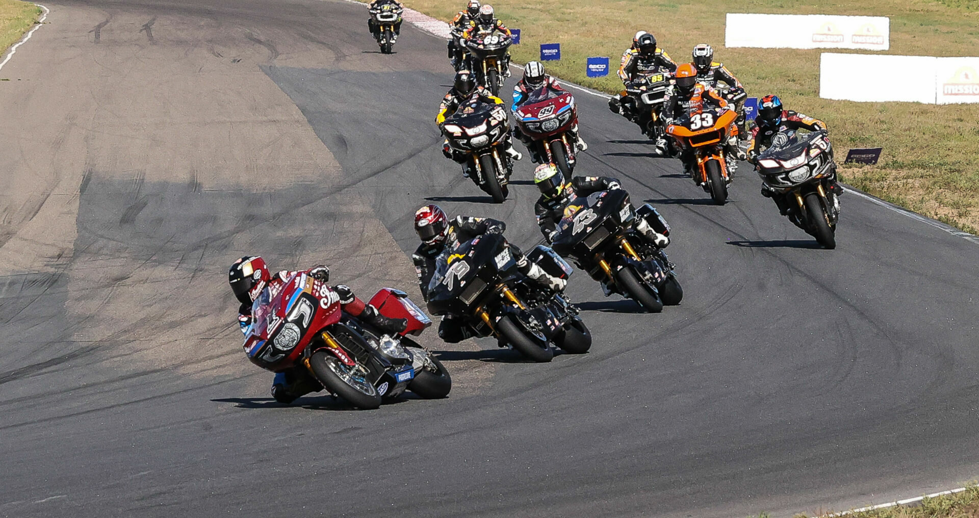 The battle for the Mission King Of The Baggers Championship is going down to the wire as three riders - Hayden Gillim (79), James Rispoli (43) and Kyle Wyman (33) - are within three points of each other in the battle for the title as the series heads to Circuit of The Americas, September 8-10, Photo by Brian J. Nelson
