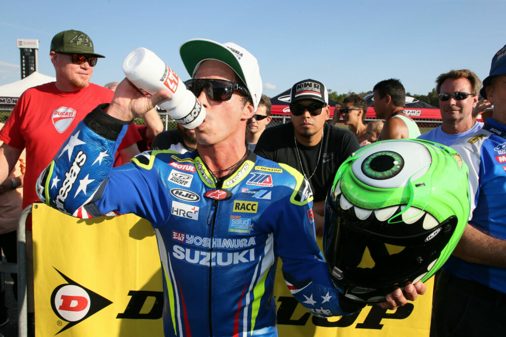 Toni Elias takes in fluids following a hot Superbike race at Barber Motorsports Park in 2018. Photo by Brian J. Nelson.