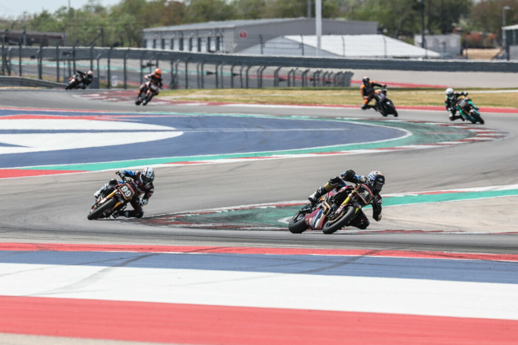 Tyler O'Hara (1) leads Progressive Insurance/Mission Foods Indian teammate Jeremy McWilliams (99) during a MotoAmerica Mission Super Hooligan race at COTA. Photo by Brian J. Nelson, courtesy Indian Motorcycle.