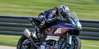 Kayla Yaakov (31) at speed on her The WagBar MP13 Racing Team Yamaha YZF-R7 at Pittsburgh International Race Complex. Photo by Brian J. Nelson.