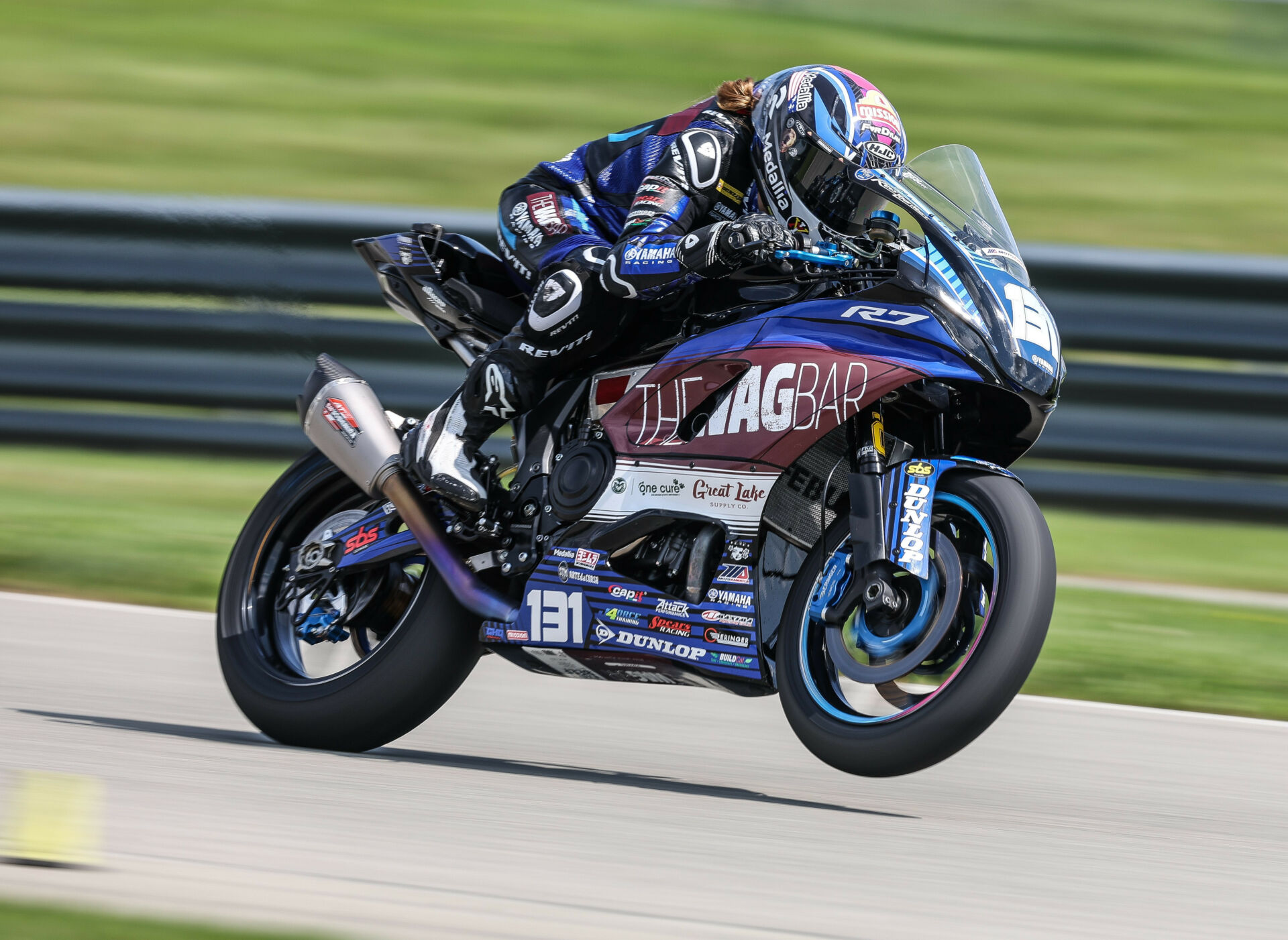 Kayla Yaakov (31) at speed on her The WagBar MP13 Racing Team Yamaha YZF-R7 at Pittsburgh International Race Complex. Photo by Brian J. Nelson.