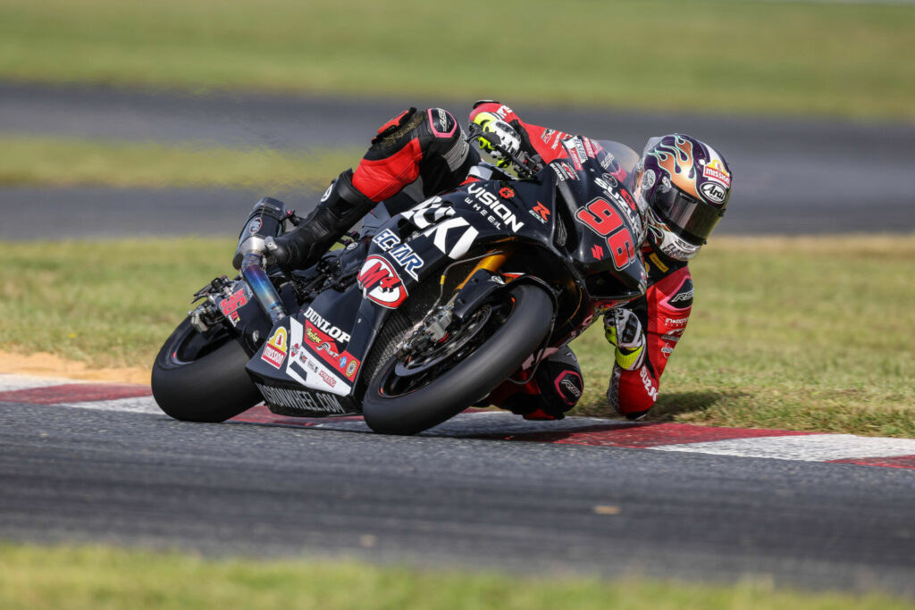 Brandon Paasch (96) came back strong on Sunday, scoring his fourth top-five Superbike class finish of 2023. Photo by Brian J. Nelson, courtesy Suzuki Motor USA, LLC.