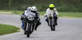 Tim Joyce (309), Shane Turpin (hidden behind Joyce), and Christopher Spargo (19) during an AHRMA Vintage Cup race earlier this season at Blackhawk Farms Raceway. Photo by Cathy M. Drexler. courtesy AHRMA.