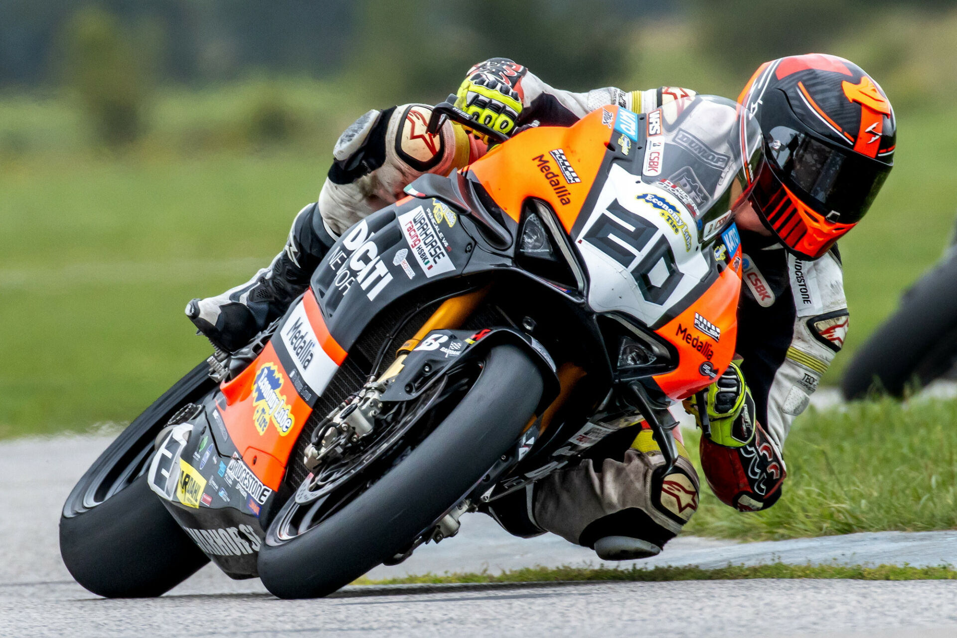 Trevor Dion (20) riding the Economy Lube and Tire Ducati Panigale V4 R Superbike last weekend during a SOAR regional event at Grand Bend Motorplex. Photo by Amy Ross/SSTrackside.ca, courtesy CSBK.