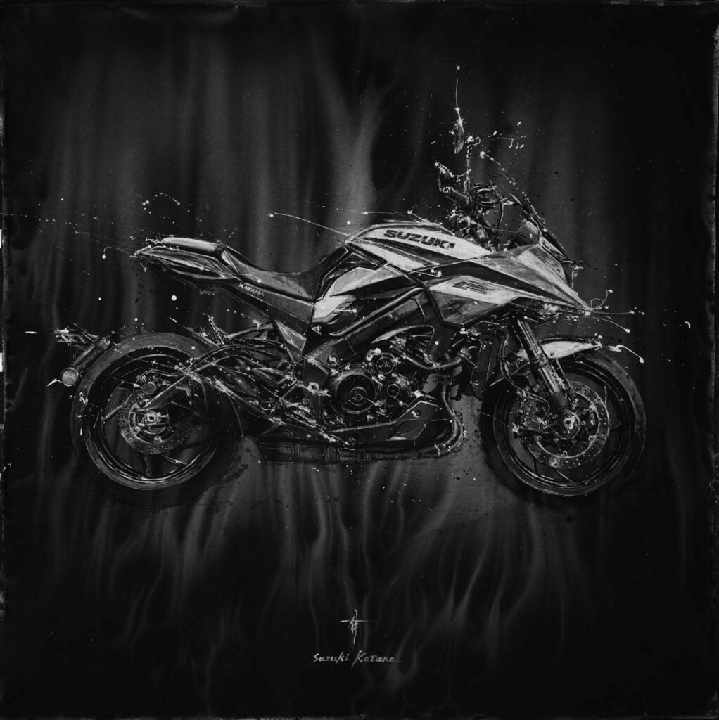 2024 KATANA buyers will receive a unique fine art reproduction of Makoto Endo’s KATANA ink-on-canvas illustration, plus two years’ complimentary maintenance via Katana Premium Care. Photo courtesy Suzuki Motor USA, LLC.