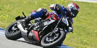 Racing Editor Chris Ulrich at speed on a 2024 Triumph Street Triple 765 RS at Jerez. Photo courtesy Triumph.