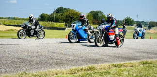 Tim Joyce (309), Shane Turpin (14), Dan Sokolich (77Z), Al Charles (424), and Justin Hebbel (107) prepare for the start of an AHRMA Vintage Cup race at Talladega Gran Prix Raceway. Photo by Kenny Cummings, courtesy AHRMA.