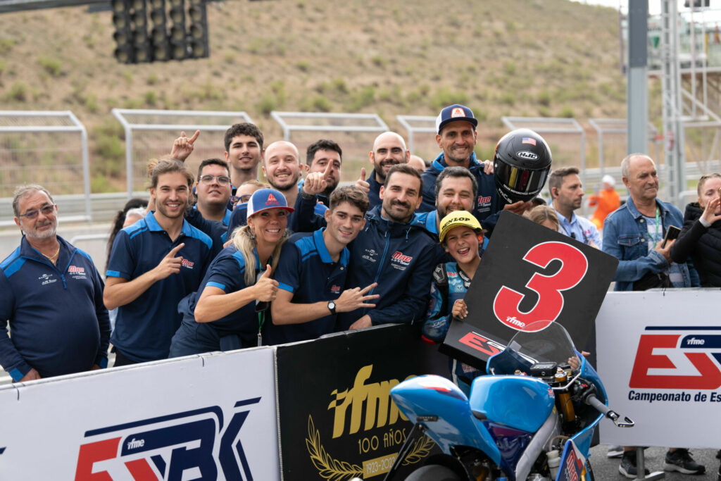 American Mikey Lou Sanchez (55) with his team and family in parc ferme after finishing third in RFME ESBK PreMoto3 Race Two at Circuit de Navarra, in Spain. Photo courtesy Sanchez Racing.