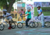Children at the 74th Street Elementary School in the Los Angeles Unified School District (LAUSD) make use of bicycles from an All Kids Bike Kindergarten Learn-to-Ride PE education package made possible by a donation from the Yamaha Outdoor Access Initiative. Photo courtesy Yamaha Motor Corp., USA.