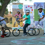 Children at the 74th Street Elementary School in the Los Angeles Unified School District (LAUSD) make use of bicycles from an All Kids Bike Kindergarten Learn-to-Ride PE education package made possible by a donation from the Yamaha Outdoor Access Initiative. Photo courtesy Yamaha Motor Corp., USA.