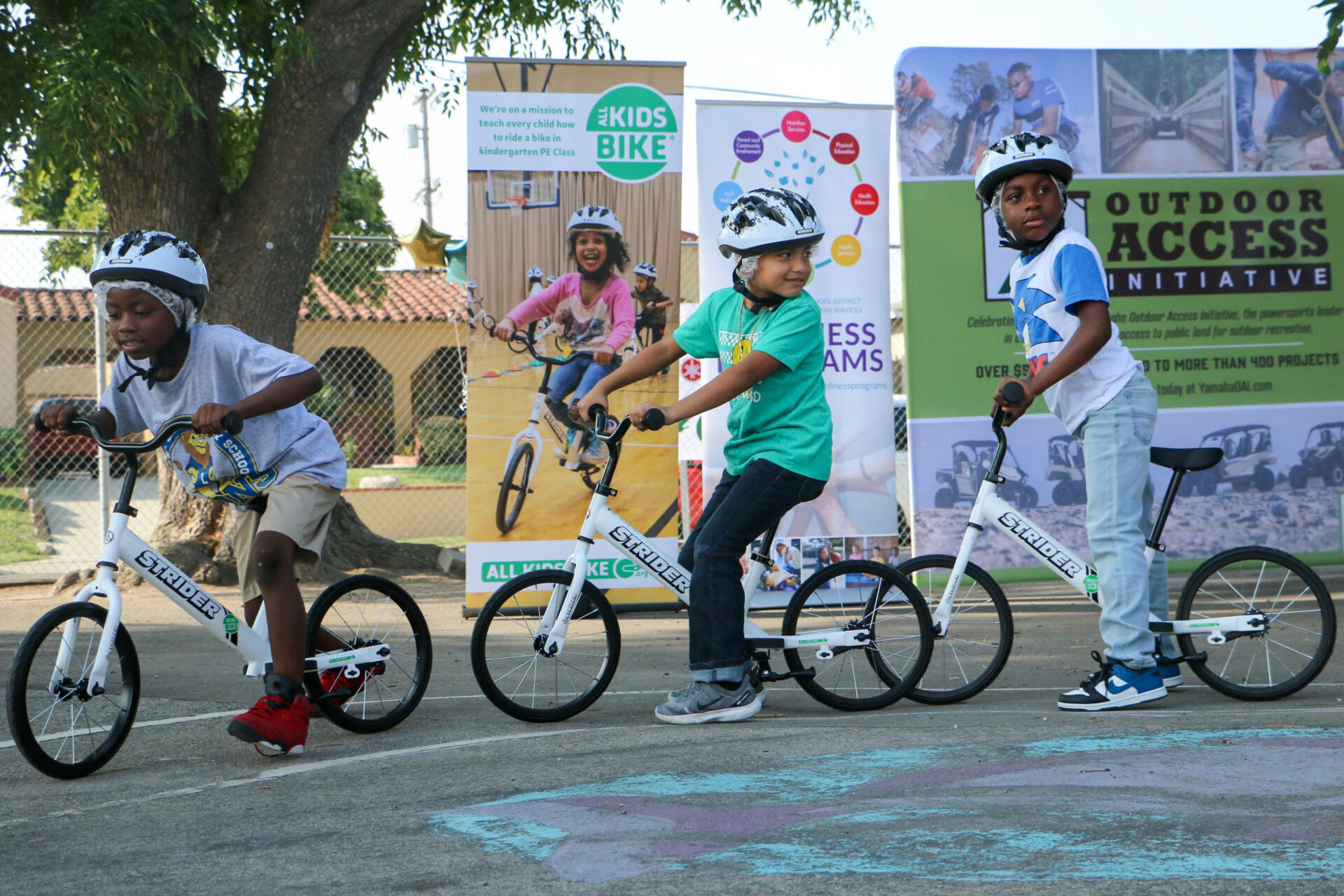 Children at the 74th Street Elementary School in the Los Angeles Unified School District (LAUSD) make use of bicycles from an All Kids Bike Kindergarten Learn-to-Ride PE education package made possible by a donation from the Yamaha Outdoor Access Initiative. Photo courtesy Yamaha Motor Corp., USA.