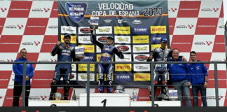 American Kayla Yaakov on top of the Yamaha bLU cRU R7 Cup podium at Circuit de Navarra, in Spain. Photo courtesy David Yaakov.