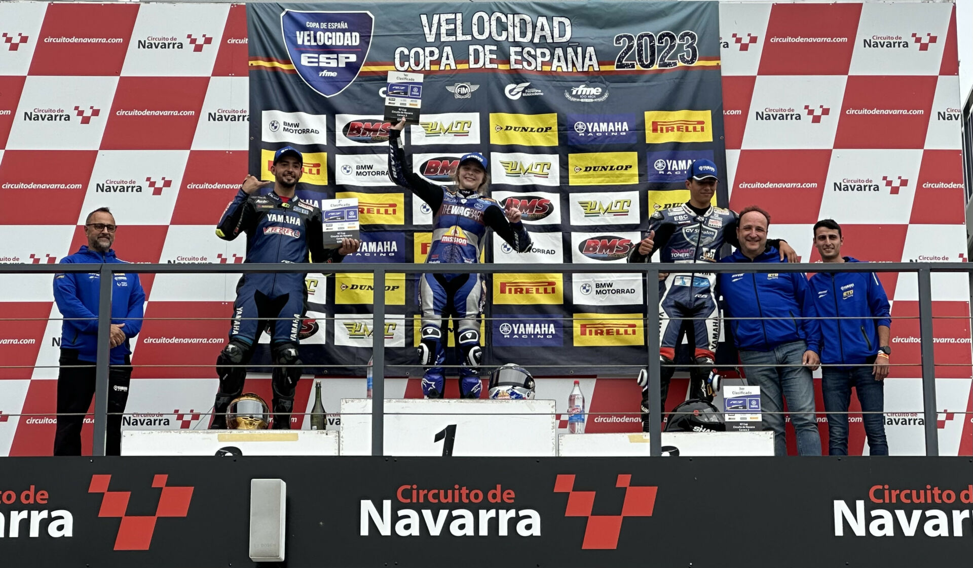 American Kayla Yaakov on top of the Yamaha bLU cRU R7 Cup podium at Circuit de Navarra, in Spain. Photo courtesy David Yaakov.