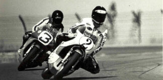 Harry Klinzmann (2) racing with David Emde (3) on Yamaha TZ750s at Ontario Motor Speedway circa mid-to-late 1970s. Photo of an old print photo by John Ulrich/courtesy Harry Klinzmann.