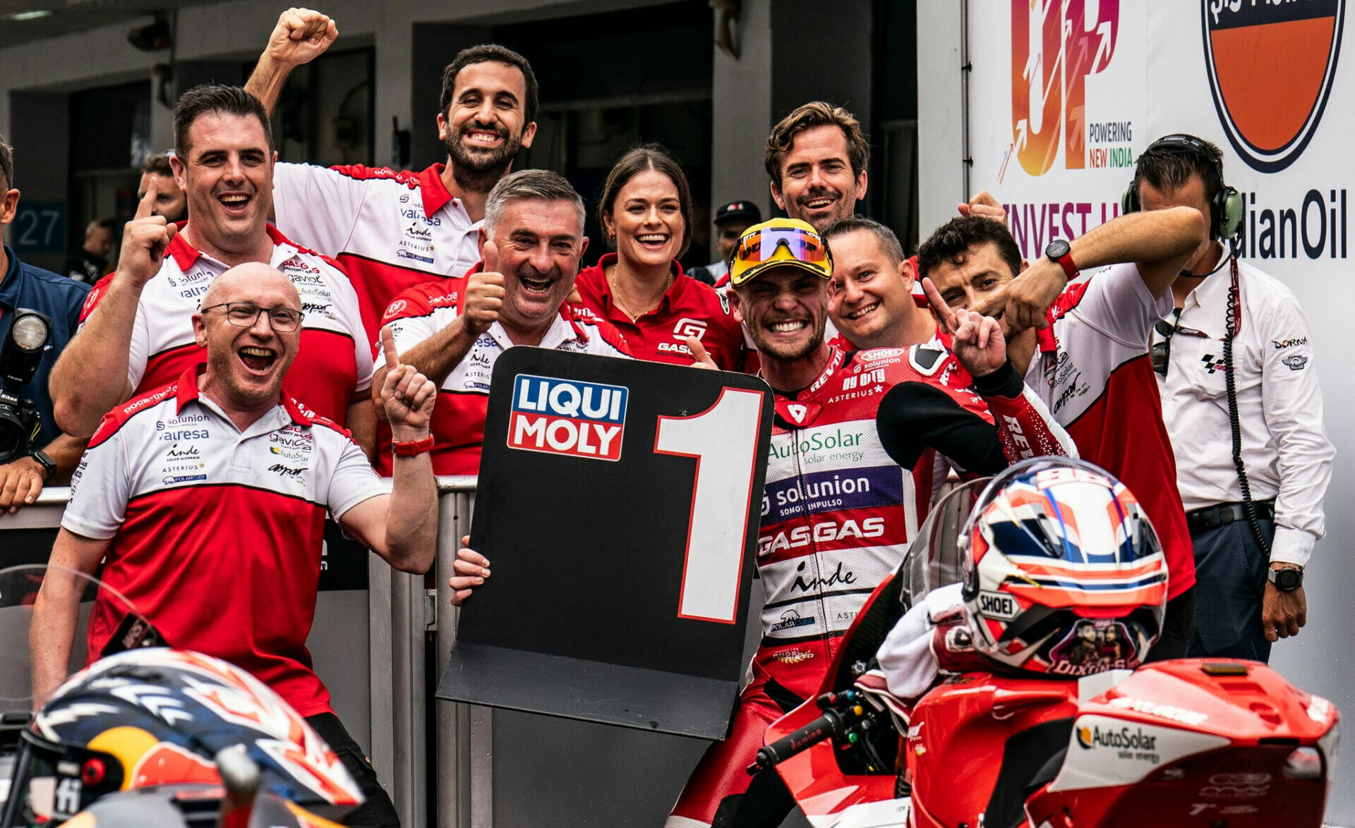 Jake Dixon and his Inde GASGAS Aspar Team celebrate his Moto2 pole position in parc ferme in India. Photo courtesy Aspar Team.