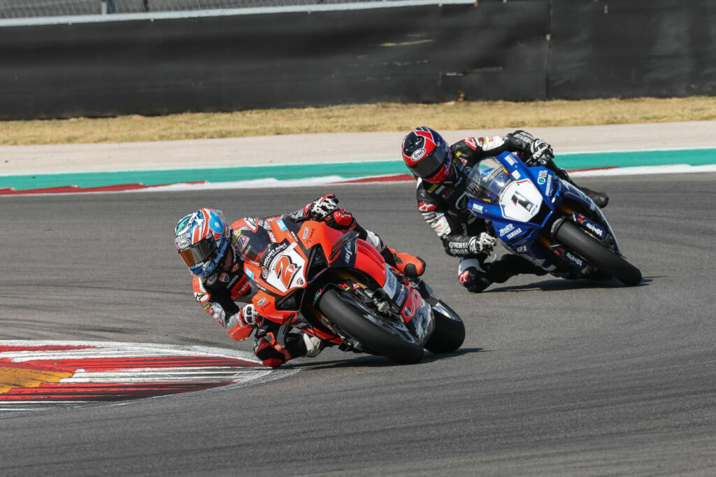 Josh Herrin (2) leading Jake Gagne (1) during Superbike Race Two at COTA. Photo courtesy Ducati.