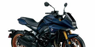 For 2024, the Suzuki KATANA features Metallic Matte Stellar Blue paintwork, gold-anodized forks, and gold six-spoke wheels. Photo courtesy Suzuki Motor USA, LLC.