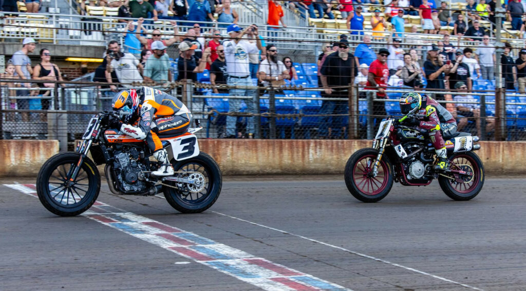 Briar Bauman (3) held off Jared Mees (1) to win the AFT SuperTwins race at the Springfield Mile II. Photo by Tim Lester, courtesy AFT.