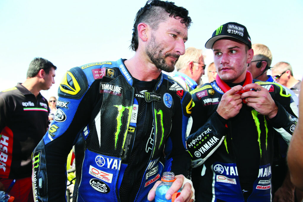 Josh Hayes (left) and Cameron Beaubier (right) after a hard race on a triple-digit day Utah Motorsports Campus. Photo by Brian J. Nelson.