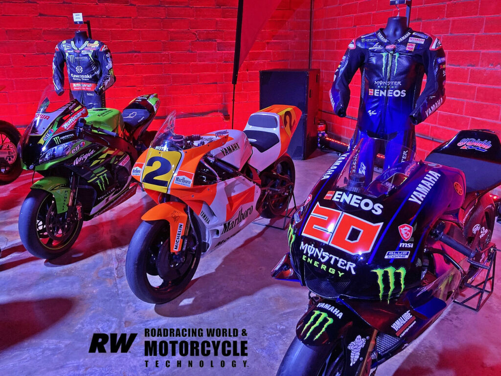 On hand were a variety of noteworthy road racing bikes. From left, a Kawasaki ZX-10RR of six-time Superbike World Champion Jonathan Rea, a Yamaha YZR500 in the livery of three-time 500cc Grand Prix World Champion Wayne Rainey, and a Yamaha YZR-M1 in the livery of 2021 MotoGP World Champion Fabio Quartararo. Photo by Michael Gougis.