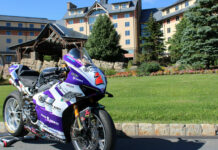 This Warhorse HSBK Racing Ducati NYC Panigale V4 R, pictured outside of Mount Airy Casino Resort in Pennsylvania’s Pocono Mountains, will compete in the Medallia Superbike races at New Jersey Motorsports Park this weekend. Photo courtesy Warhorse HSBK Racing Ducati.