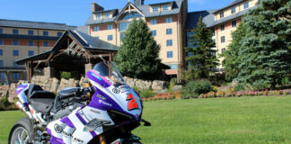This Warhorse HSBK Racing Ducati NYC Panigale V4 R, pictured outside of Mount Airy Casino Resort in Pennsylvania’s Pocono Mountains, will compete in the Medallia Superbike races at New Jersey Motorsports Park this weekend. Photo courtesy Warhorse HSBK Racing Ducati.
